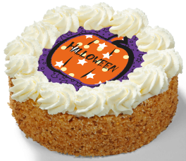 Halloween slagroomtaart rond met roomtoefjes, krokante nootrand en vrolijke pompoenprint