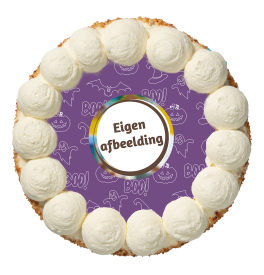 Halloween slagroomtaart met roomtoefjes, paarse print met pompoenen, vleermuizen en spookjes