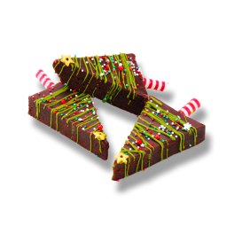 Brownie kerstboom van pure chocolade met groene decoratie, sprinkles en zuurstok als stam.