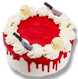 Halloween dripcake met rode drip, slagroomtoefjes en decoratie van mummies, spookjes en messen