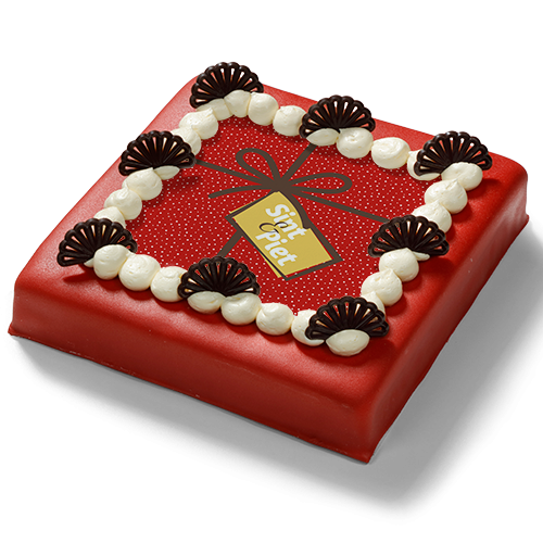 Sinterklaas marsepeintaart met rode marsepeinlaag, roomtoefjes en chocoladedecoraties