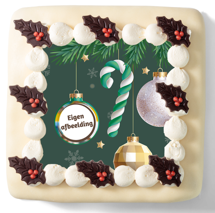 Kerst marsepeintaart wit met logo, slagroomtoefjes, chocoladeversiering en amandelmarsepein.