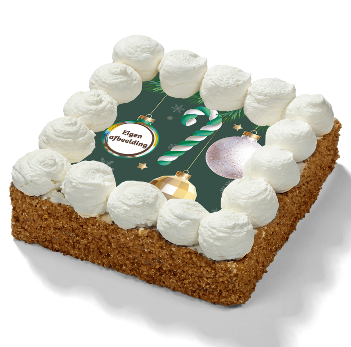 Kerst slagroomtaart met logo met slagroomtoefjes, nougatine rand en feestelijke kerstdecoratie.