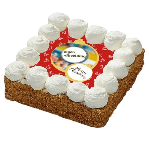 Vierkante kerst slagroomtaart met logo, rode print, slagroomtoefjes en krokante nootjesrand.